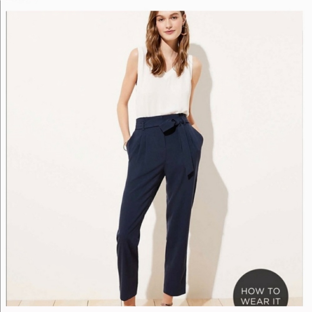 Loft navy blue tie waist slim pants